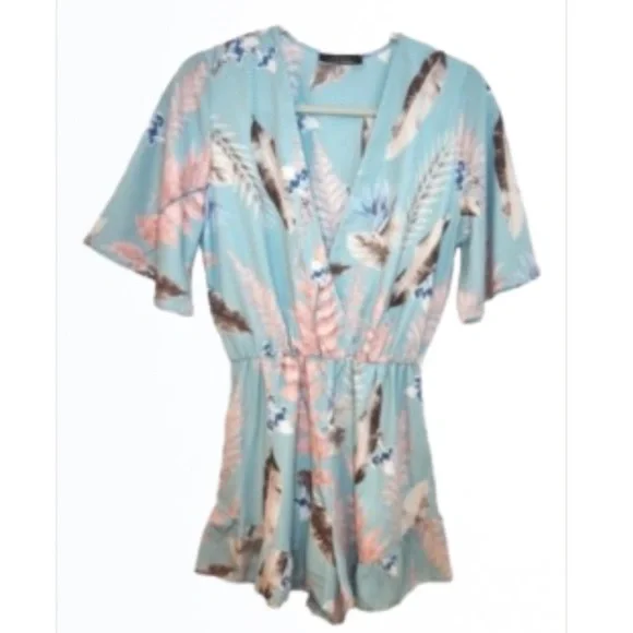 Pink Lily Blue Blush Pink and Blue Floral Romper with Wrap Top - Picture 3 of 9